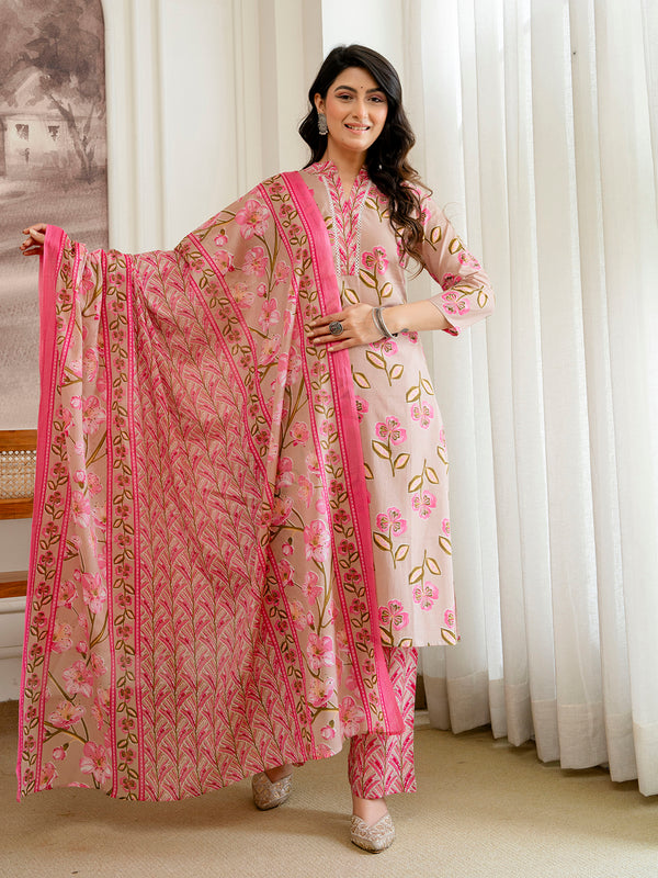 Floral Printed 3-Piece Kurta Set with V-Neckline, Straight Pants & Full-Length Dupatta (Size M–XXL)