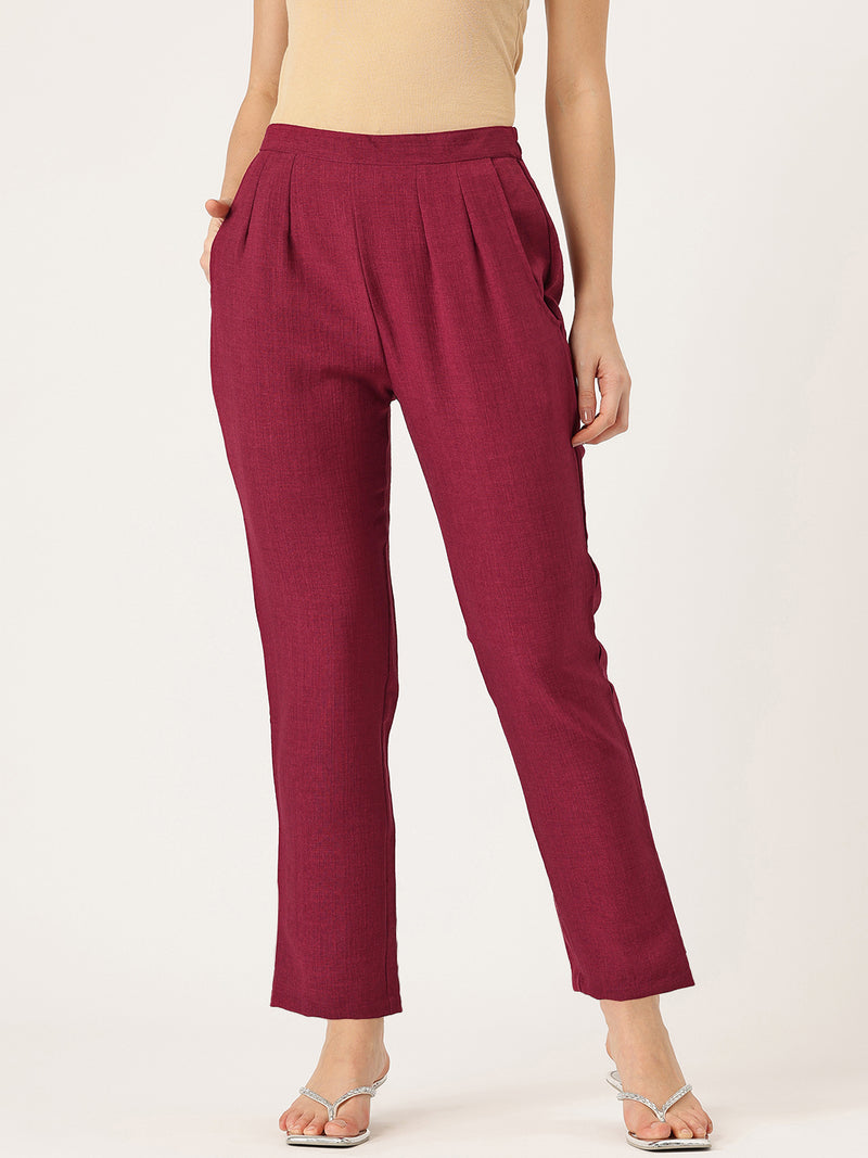 Maroon Linen Trouser - Ankle-Length Pant , Partially Elasticated ,Double Pockets