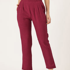 Maroon Linen Trouser - Ankle-Length Pant , Partially Elasticated ,Double Pockets