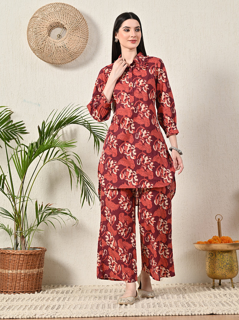 Maroon Elegant Collared Co-Ord Set with Frill Detail & Elasticated Pants