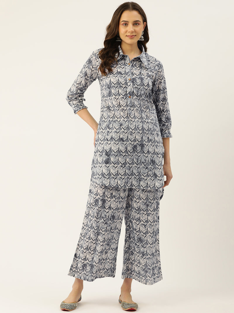 Grey Elegant Collared Co-Ord Set with Frill Detail & Elasticated Pants