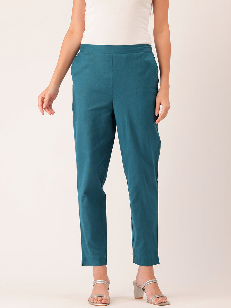 Light Blue Cotton Pants - Double Pockets, Adjustable Waist, and Ankle-Length Fit