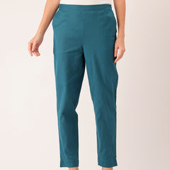 Light Blue Cotton Pants - Double Pockets, Adjustable Waist, and Ankle-Length Fit