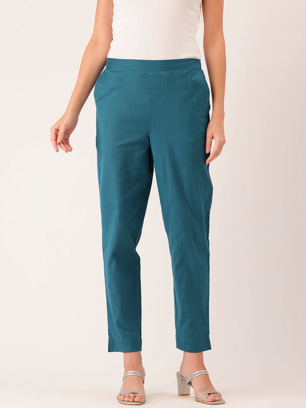 Light Blue Cotton Pants - Double Pockets, Adjustable Waist, and Ankle-Length Fit