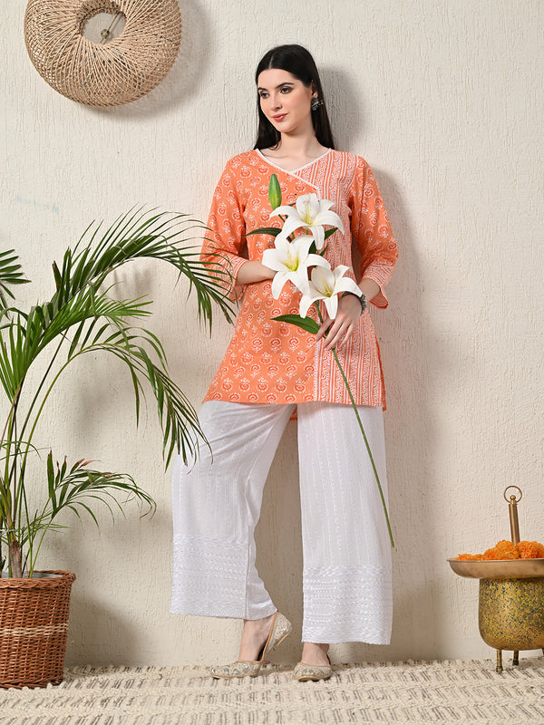 White White Embroidered Cotton Palazzos–Elastic Waist & Ankle-Length with Side Pocket