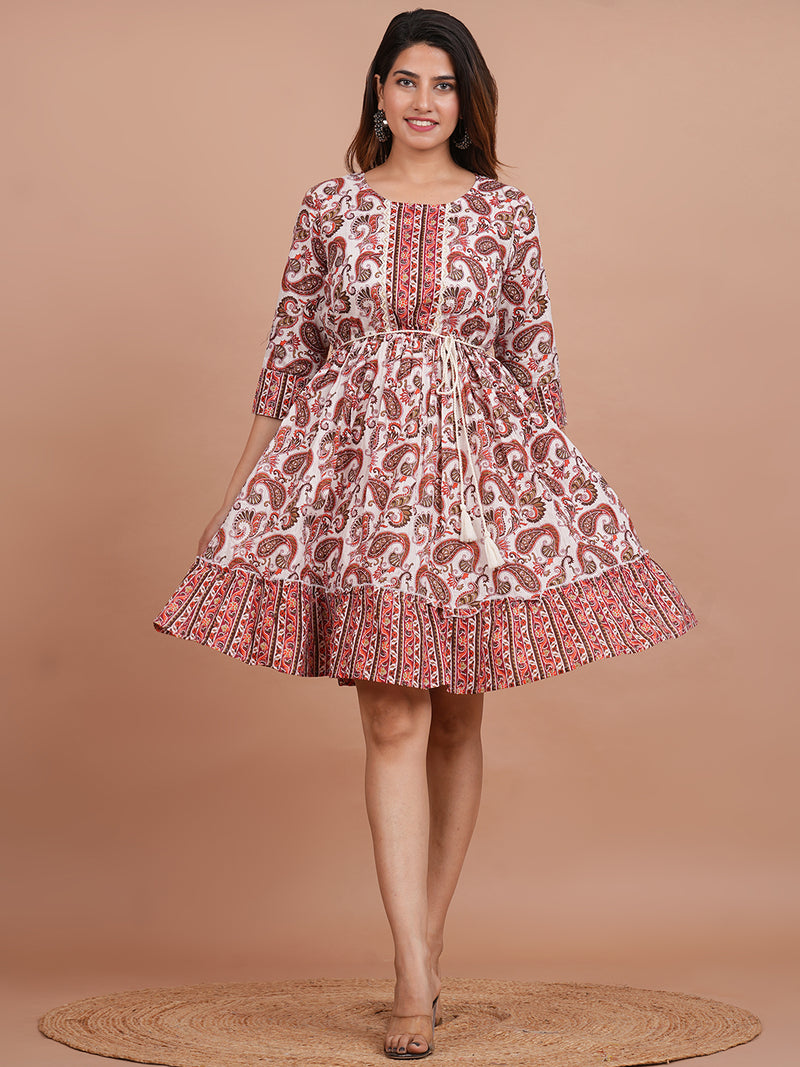 Floral Cotton Flared Dress (S–XXL | 3/4 Sleeves) – Breezy Comfort with Feminine Flow