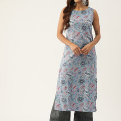 Cotton Boat Neck Sleeveless Straight Kurti