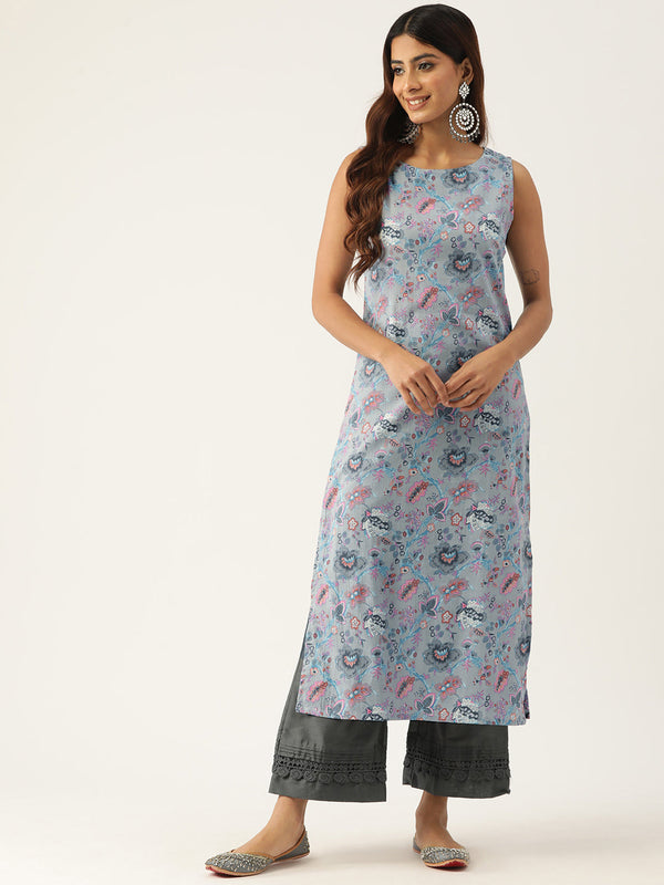 Cotton Boat Neck Sleeveless Straight Kurti