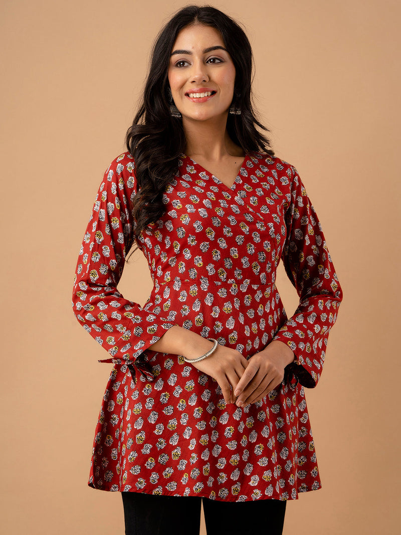 Ethnic Motifs Printed Gathers Cotton Tunic