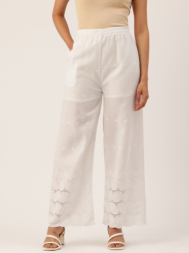 White Embroidered Palazzos–Fully Lined, Elastic Waist & Ankle-Length with Side Pocket