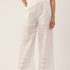 White Embroidered Palazzos–Fully Lined, Elastic Waist & Ankle-Length with Side Pocket