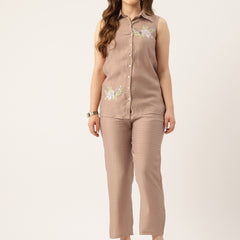 Beige Women's Embroidered Co-ord Set - Viscose Fabric Sleeveless Shirt and Pant