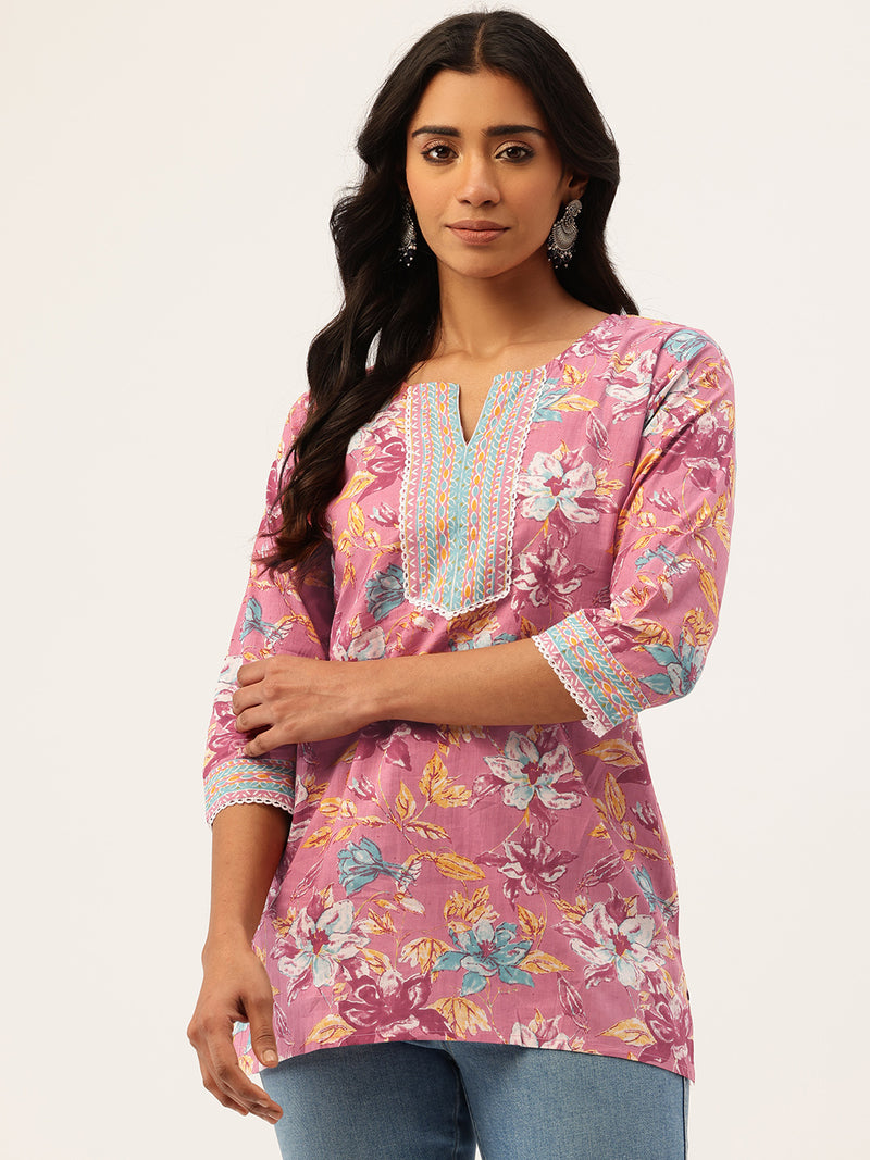 Empress Short Kurti for Women - V-Cut Neckline with Border Detail & 3/4 Sleeves