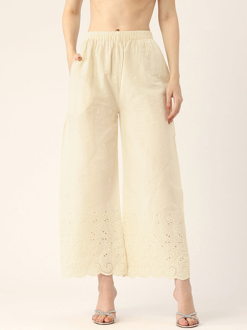 Beige Palazzos | Embroidered Elegnace With Elastic Waist & Single Pocket