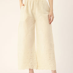 Beige Palazzos | Embroidered Elegnace With Elastic Waist & Single Pocket