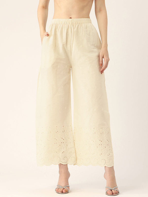 Beige Palazzos | Embroidered Elegnace With Elastic Waist & Single Pocket