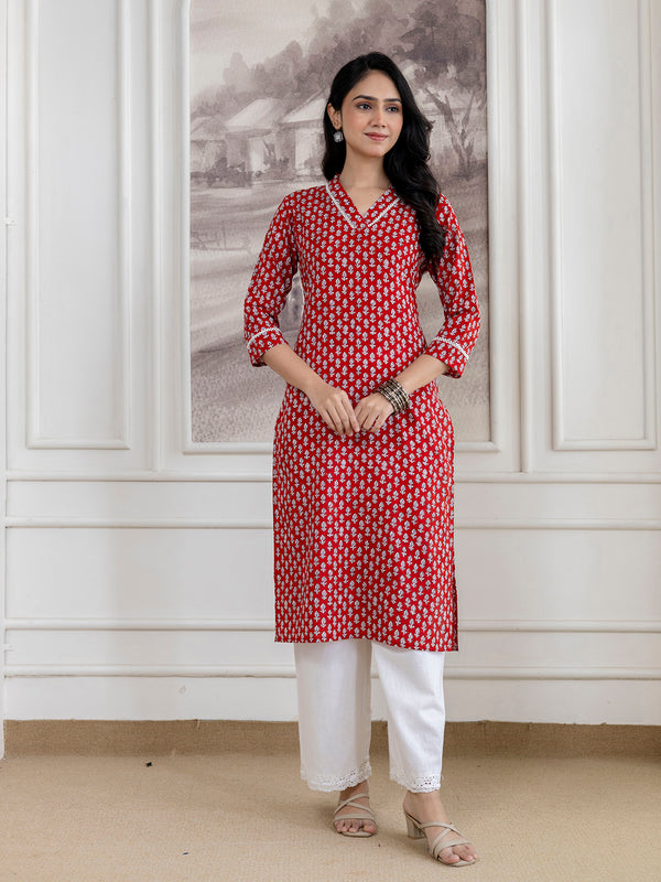 Elegant Ethnic Printed Cotton Straight Kurta with V-Neckline