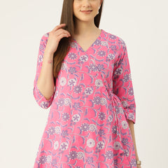 Floral Print Angrakha 3\4 Sleeves Flared Kurti