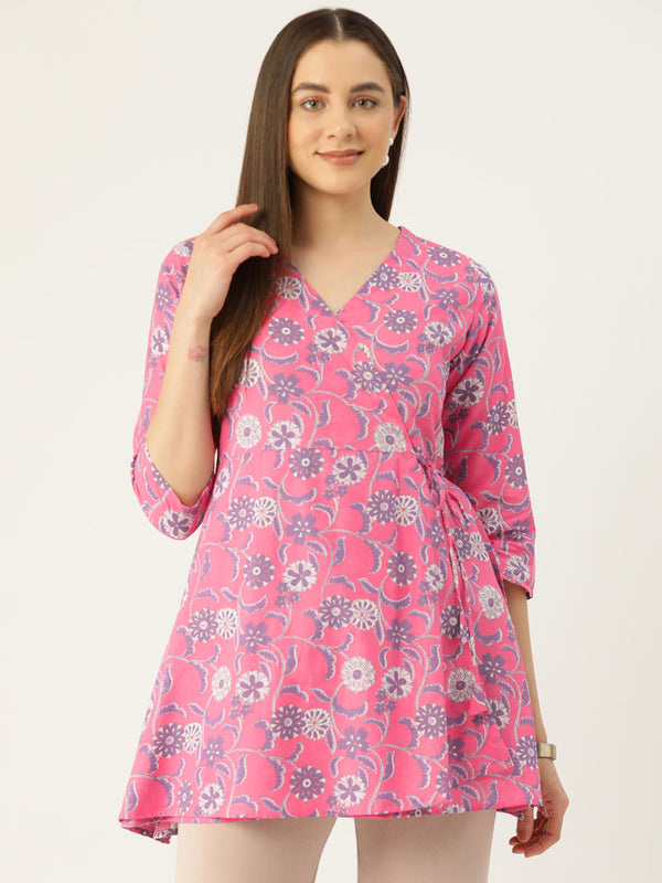 Floral Print Angrakha 3\4 Sleeves Flared Kurti