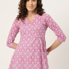 Floral Print Angrakha 3\4 Sleeves Flared Kurti