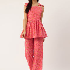 Red Sleeveless Strappy Cotton Co-Ord Set with Bow Detail & Flared Pants
