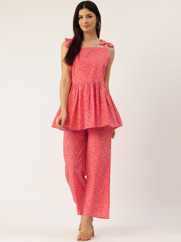 Red Sleeveless Strappy Cotton Co-Ord Set with Bow Detail & Flared Pants