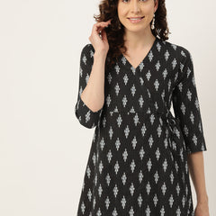 Floral Print Angrakha 3\4 Sleeves Flared Kurti