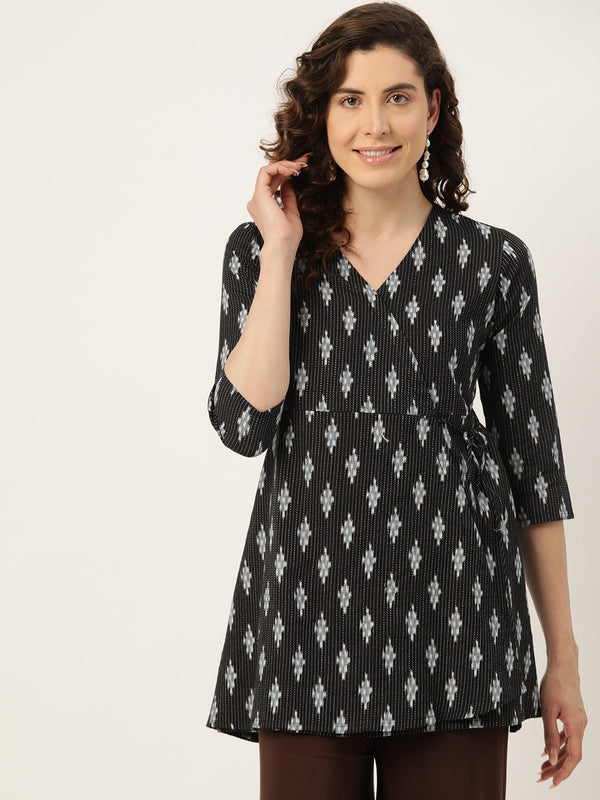 Floral Print Angrakha 3\4 Sleeves Flared Kurti