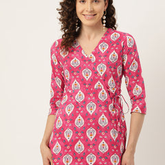 Floral Print Angrakha 3\4 Sleeves Flared Kurti