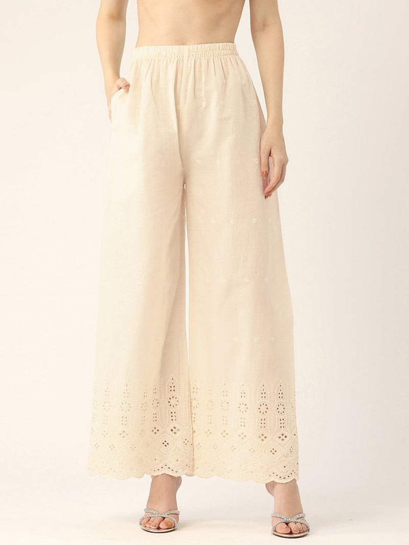 Beige Palazzos | Embroidered Elegnace With Elastic Waist & Single Pocket