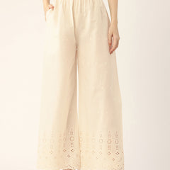Beige Palazzos | Embroidered Elegnace With Elastic Waist & Single Pocket