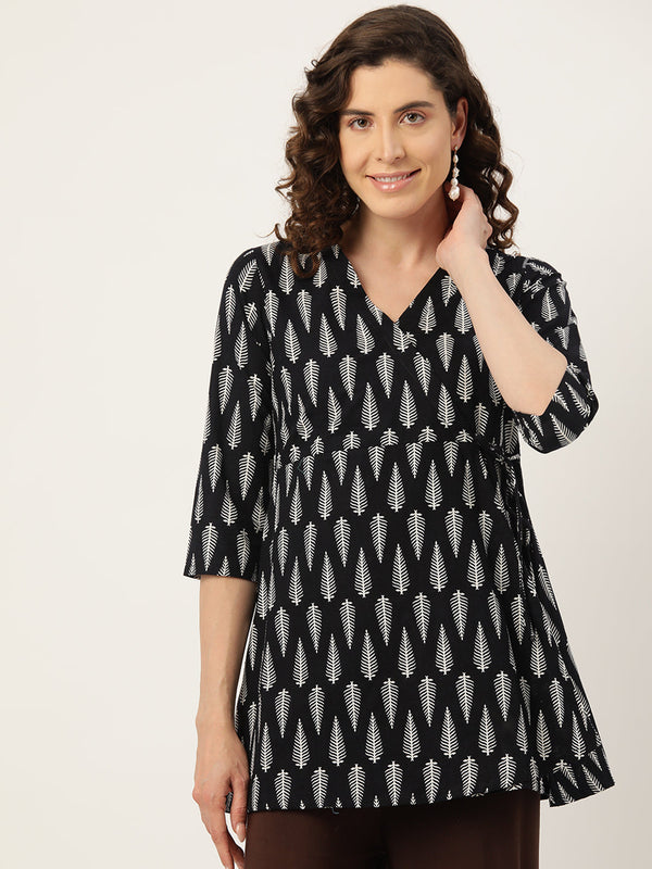 Floral Print Angrakha 3\4 Sleeves Flared Kurti