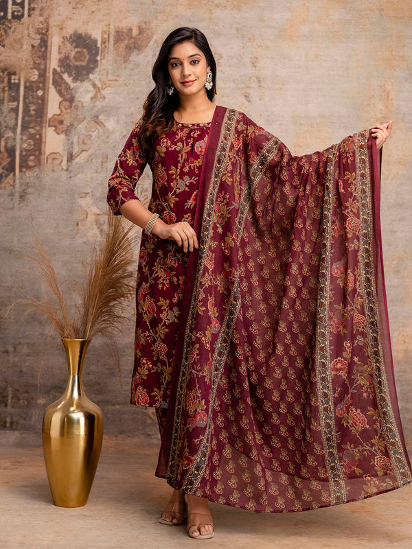 Pure Cotton Marron Printed 3-Piece Kurta Set with Square Neckline & Dupatta