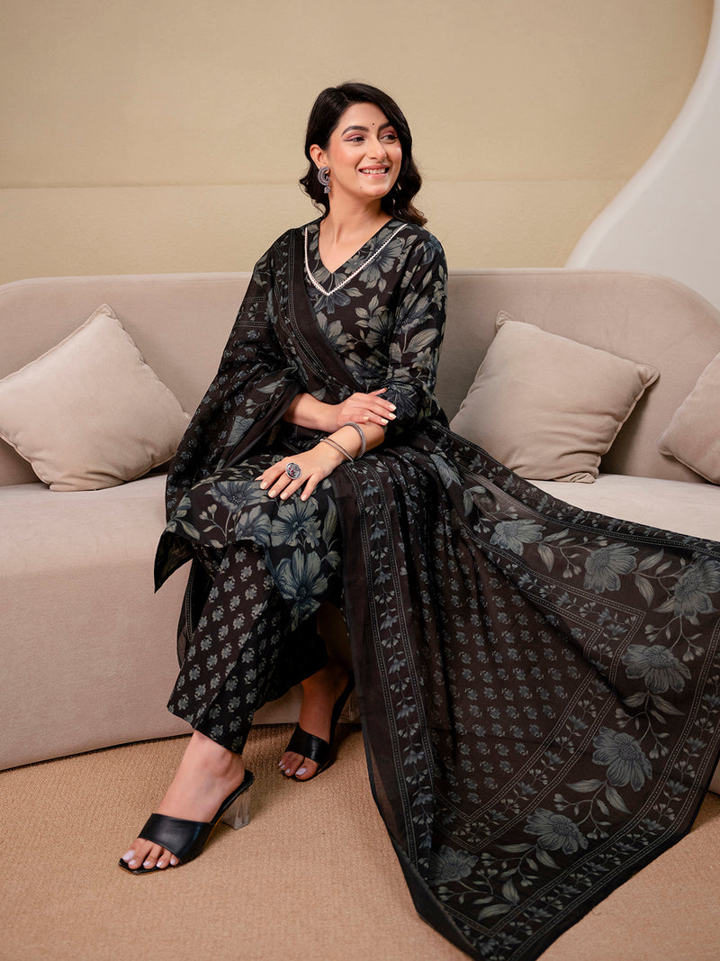 Printed Cotton Kurta Set with V-Neckline, Ankle-Length Pants and Graceful Dupatta