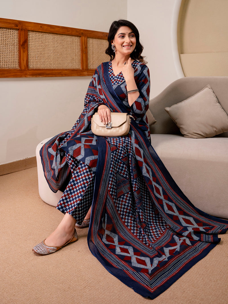 Bordered V-Neck 3-Piece Kurta Set with Ankle-Length Pants & Full-Length Dupatta (M–XXL)