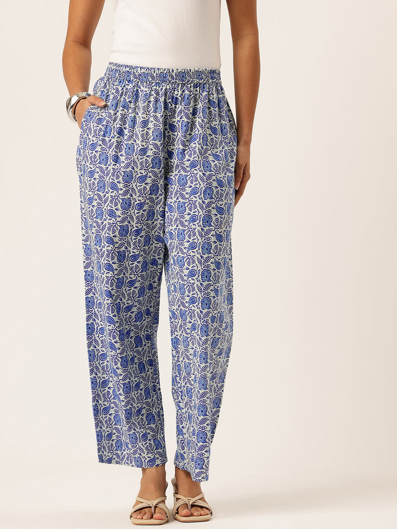 Light Blue Women Pure Cotton Paisley Printed Palazzo Pants | Elastic Waist | Wide Leg