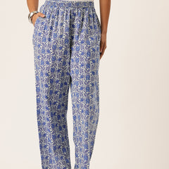 Light Blue Women Pure Cotton Paisley Printed Palazzo Pants | Elastic Waist | Wide Leg