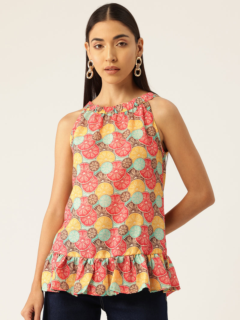 Cropped Sleeveless Elasticated Neck Bottom Flared Top with digital print on linen fabric.  | Size- Small |  Colour - Magenta, Green, Aqua, Yellow