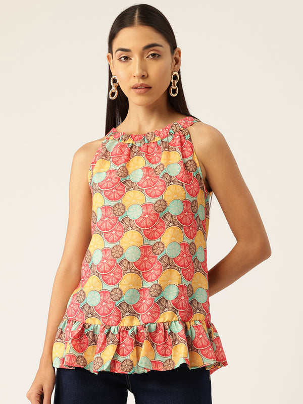 Cropped Sleeveless Elasticated Neck Bottom Flared Top with digital print on linen fabric.  | Size- Small |  Colour - Magenta, Green, Aqua, Yellow