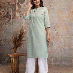 Women’s Solid Long Kurti with Mandarin Collar, 3/4 Sleeves & Pocket | Plain Elegant Cotton Kurta for Daily & Office Wear