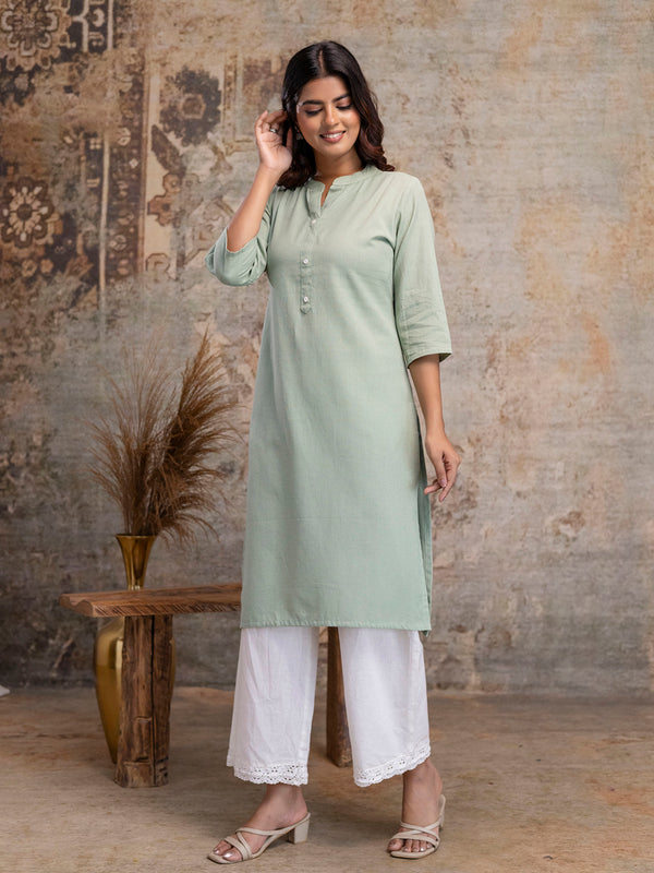Women’s Solid Long Kurti with Mandarin Collar, 3/4 Sleeves & Pocket | Plain Elegant Cotton Kurta for Daily & Office Wear