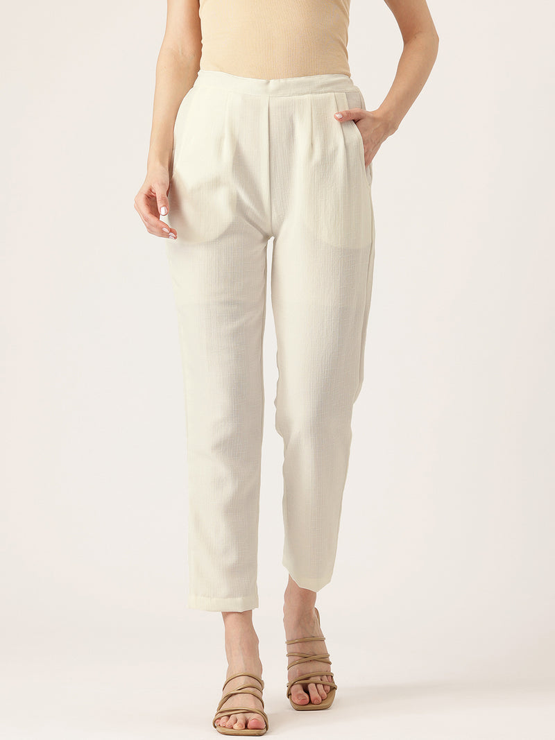 Cream Linen Trouser - Ankle-Length Pant , Partially Elasticated ,Double Pockets