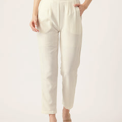 Cream Linen Trouser - Ankle-Length Pant , Partially Elasticated ,Double Pockets