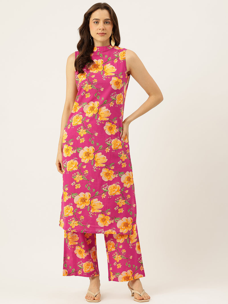 Floral Sleeveless Cotton Co-Ord Set with Choker Neckline – Pure Cotton | Sizes S–XXL