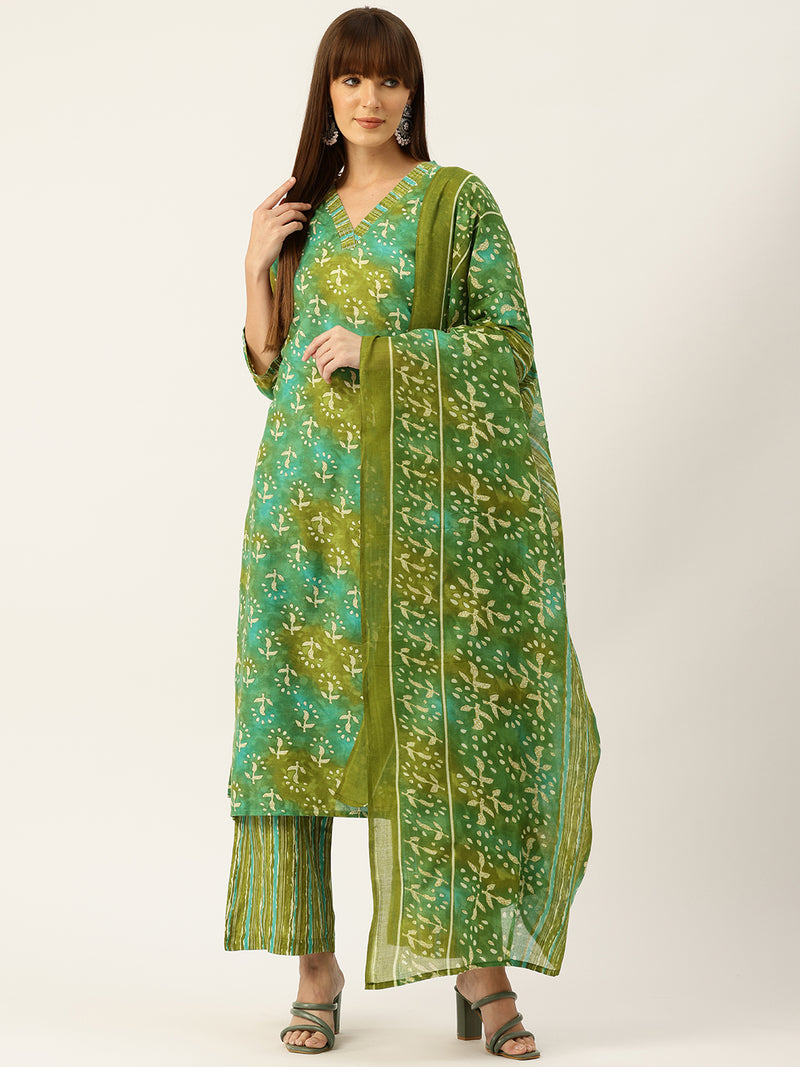 Bordered V-Neck 3-Piece Kurta Set with Ankle-Length Pants & Full-Length Dupatta (Size S-XXL).
