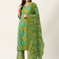 Bordered V-Neck 3-Piece Kurta Set with Ankle-Length Pants & Full-Length Dupatta (Size S-XXL).