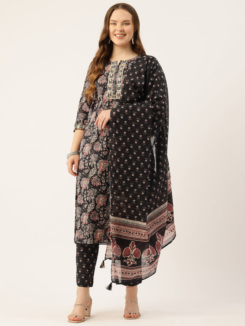 Straight Dupatta Sets - V-Neck, 3/4 Sleeves with Border Detailing, Elastic Waistband Pants with Pockets & Full-Length Dupatta (M-XXL)