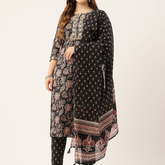 Straight Dupatta Sets - V-Neck, 3/4 Sleeves with Border Detailing, Elastic Waistband Pants with Pockets & Full-Length Dupatta (M-XXL)