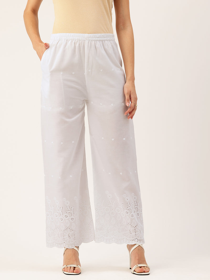 White Embroidered Palazzos–Fully Lined, Elastic Waist & Ankle-Length with Side Pocket