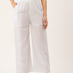 White Embroidered Palazzos–Fully Lined, Elastic Waist & Ankle-Length with Side Pocket